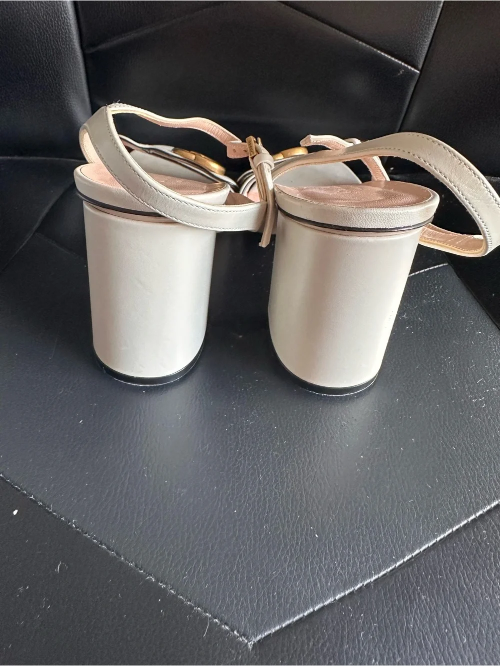 Authentic Gucci White Leather GG Horsebit Strap Heeled Sandals